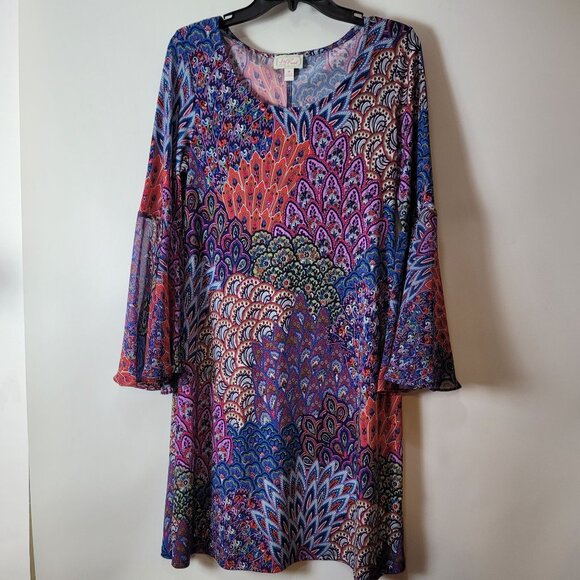 Bohemian/Retro Style Bell Sleeve Tunic Dress Multicolor Peacock Feather Print - Picture 16 of 16
